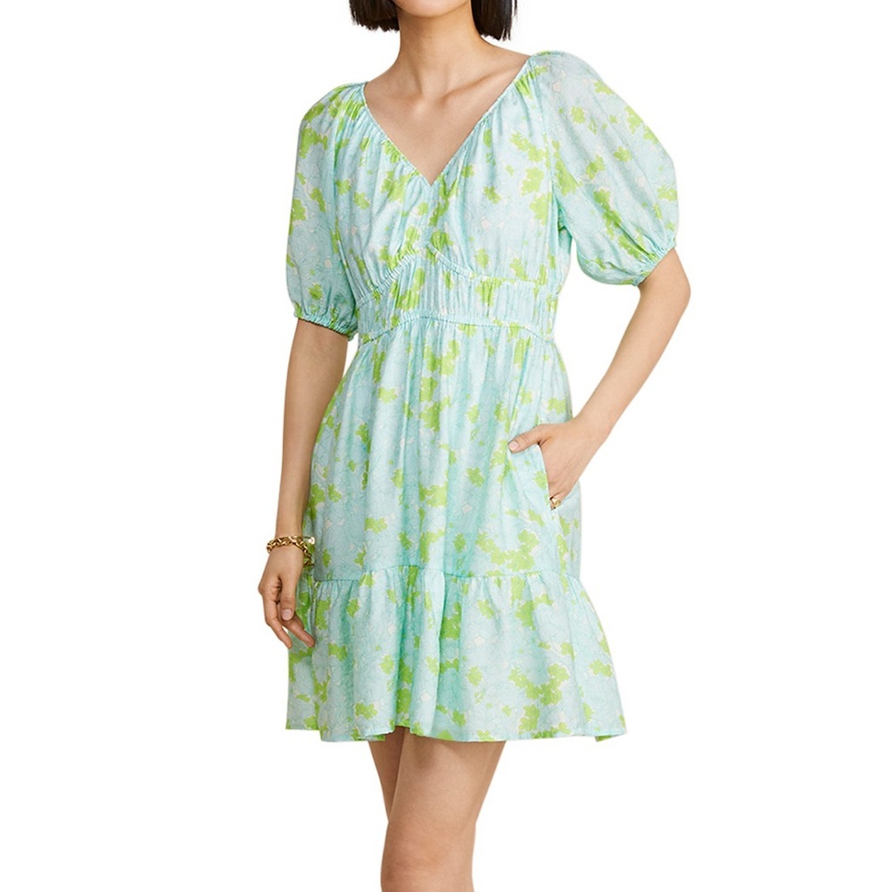 Vineyard Vines Sydney Mini Dress Womens S Blue Floral Smocked Tencel Puff Sleeve - Picture 6 of 6